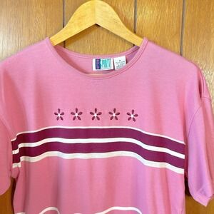 Vintage Bold Spirit Pink Striped Floral Embroidered T-Shirt Top Womens M Kitschy